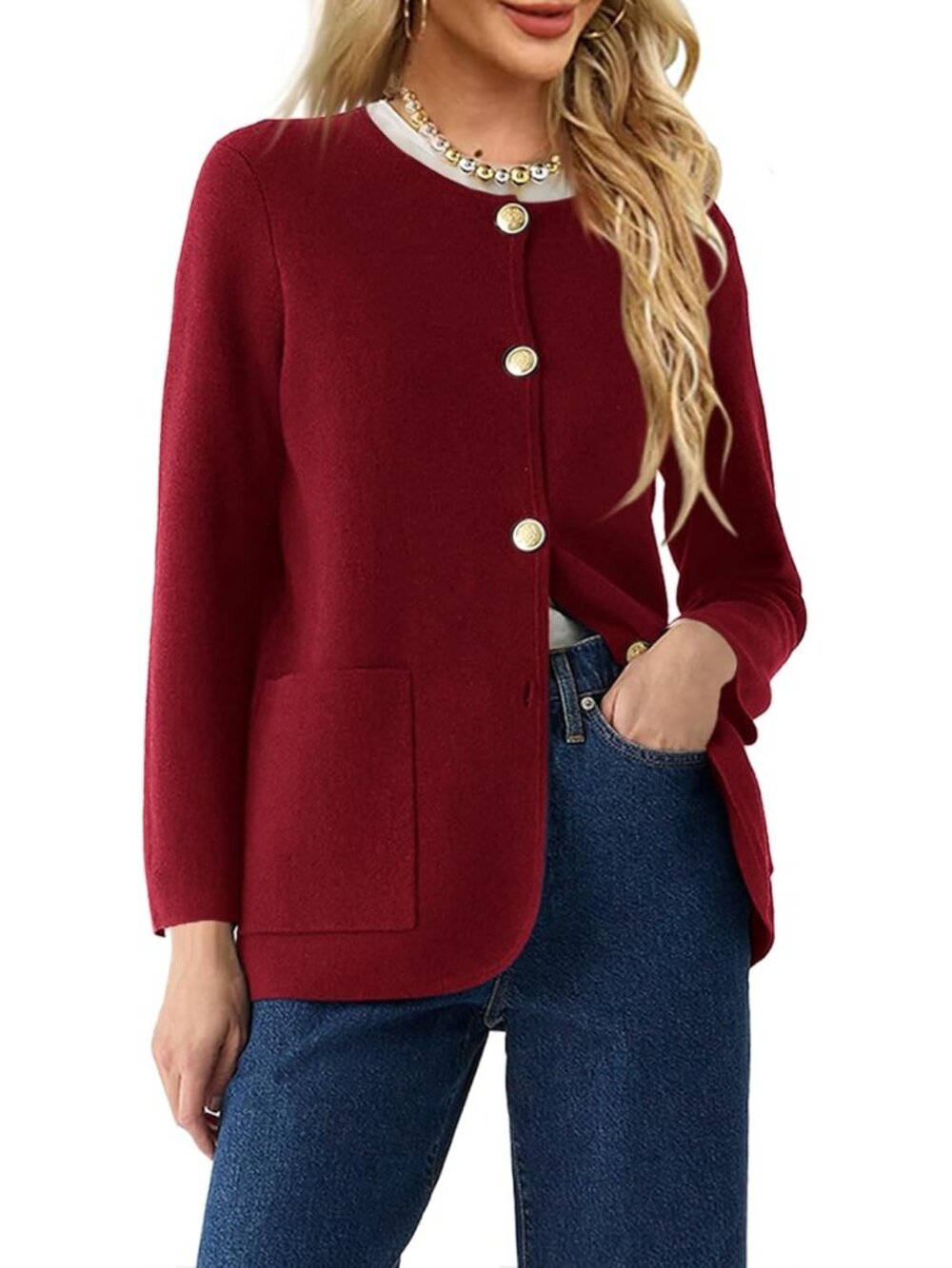 Womens Crew Neck Cardigan Sweaters Blazer Long Sleeve Knit Jacket